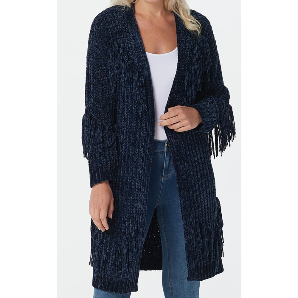 G.I.L.I. Open-Front Chenille Cardigan with Fringe Detail Dark Navy Small Size